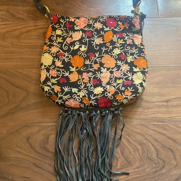Becky Bag Black and Floral Crossbody Bag with Fringe Boho Western Embroidered - Picture 5 of 10